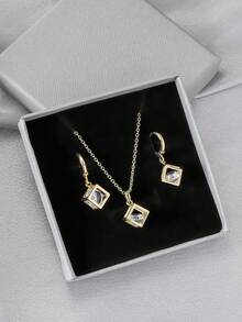 3 件裝簡單立方體/四面體設計幾何形狀鏤空耳環和鍍金鍊適合女士日常佩戴 - 金色 - 查看 5