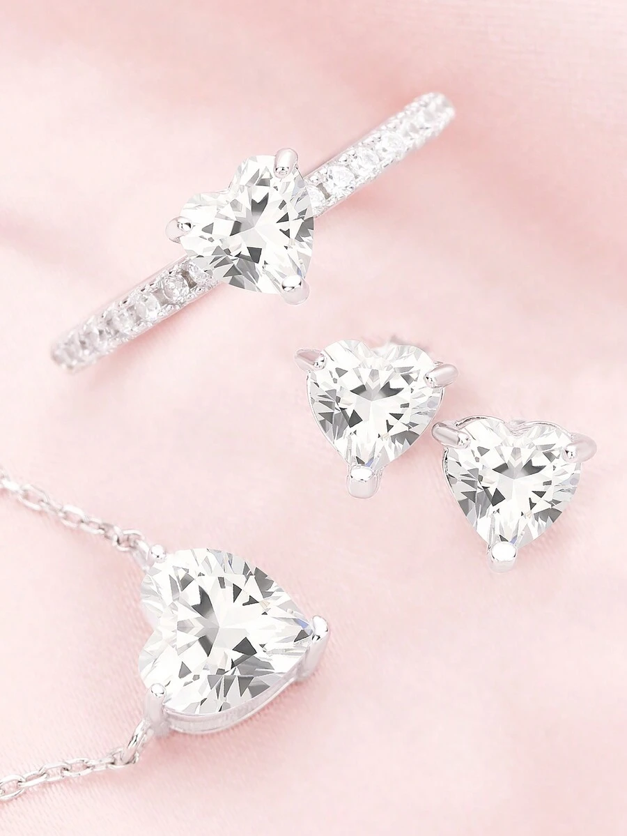 1 bộ Tối giản Tim Trắng Khối Zirconia  Chất rắn 925 sterling bạc Nhẫn Dây chuyền Trụ Hoa tai Bộ trang sức Lễ cưới Hôn ước Trang sức cô dâu - Bông tai vòng cổ 1 bộ - Xem 1