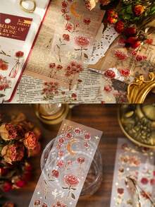 3入組玫瑰啟示系列pvc 3d金色貼紙,帶有各種植物和花卉設計,可用於剪貼簿,防水 - 紅色 - 查看 3