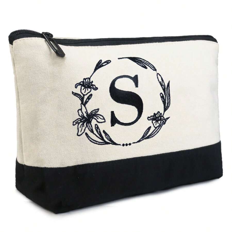 女士字母手繡化妝包,為媽媽、老師、朋友送上獨一無二的生日禮物,內附口袋,可用作化妝用品袋及化妝刷袋,字母s款 - 黑與白 - 查看 1