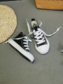 OPOEE White Cloth Baby Sneakers Mid-Top Canvas Shoes For Spring And Autumn, Korean Simple Style Low-Cut Athletic Shoes With Laces For Boys And Girls, Classic High-Top Canvas Shoes, Fashionable And Versatile Casual Sport Skateboard Shoes For Children - Black - View 3