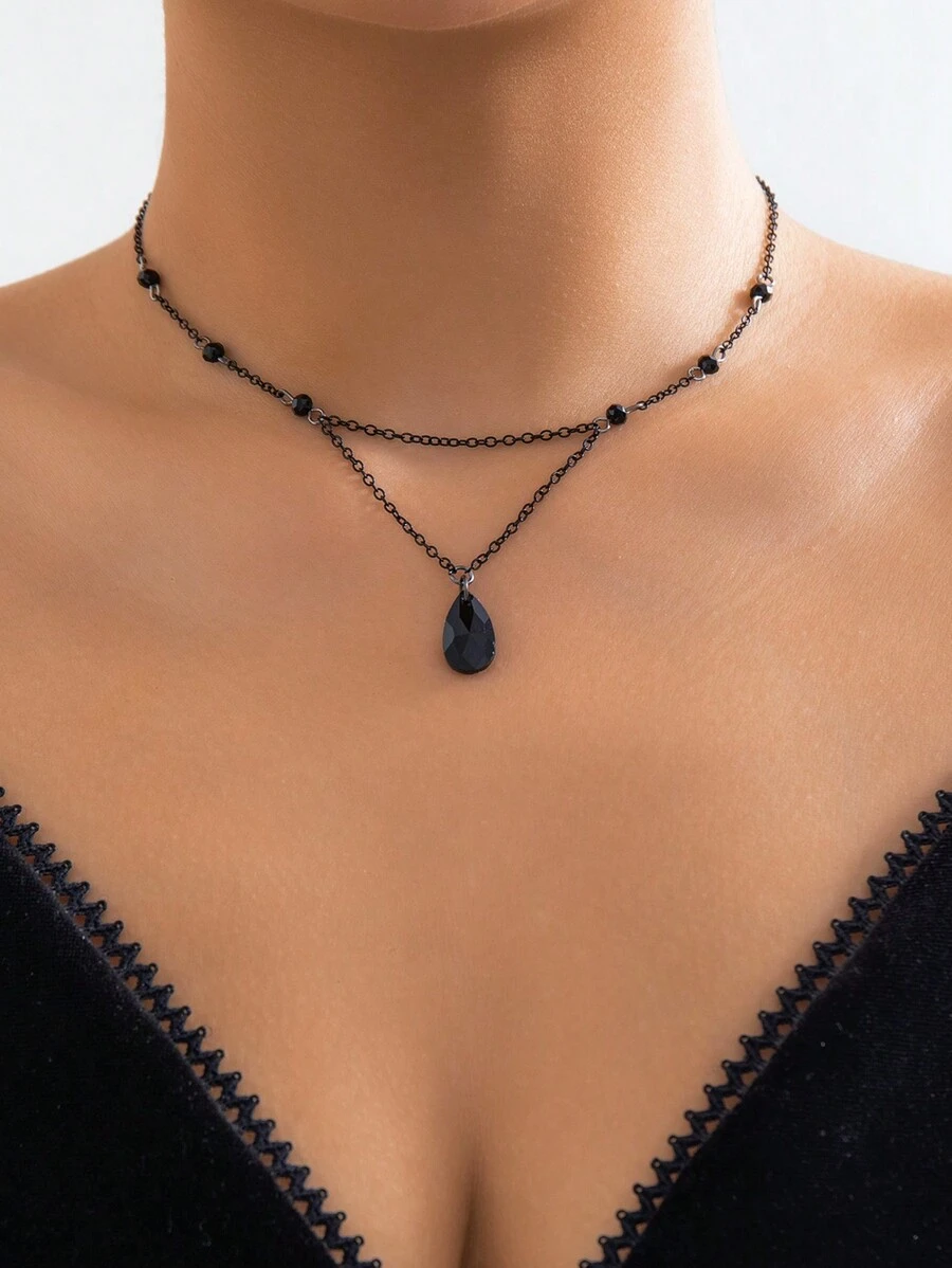 1條精美個性化復古水晶珠水滴y型項鍊,創意時尚街頭風萬聖節珠寶禮物,獻給節日中的好朋友 - 黑色 - 查看 1