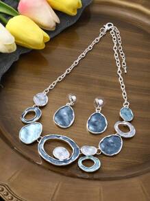 1套2入組復古彩色搪瓷幾何橢圓形中空鋅合金珠寶套裝,包括項鍊和耳環,適合女性,適用於復古派對 - 幾何 - 查看 1