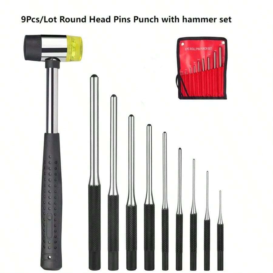 1套9件工具套裝,適用於珠寶/鐘錶製作/修復與手工藝品,包含1個雙面錘滾針打擊套裝;9件/批圓頭釘擊打工具與錘子的鋼柄滾針打擊套裝