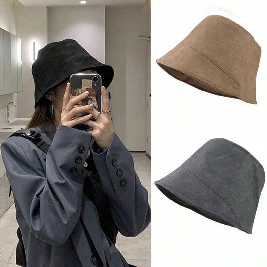 1pc Suede Bucket Hat For Women, Ins Style Bucket Hat To Flatter Your Face Shape In Spring/Autumn - Khaki - View 1