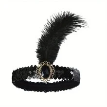 2入組1920年代風格羽毛頭箍,假面派對風格黑色羽毛頭箍女性萬聖節派對羽毛頭箍髮飾 - 黑色 - 查看 2