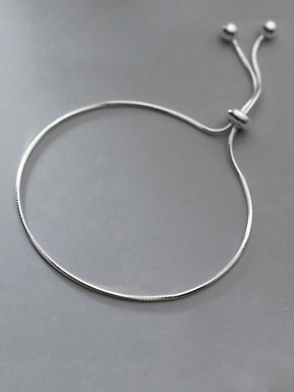 HuooNew 1pc Elegant 925 Sterling Silver Shiny Bead Snake Bone Bracelet, Adjustable For Women's Daily Wear