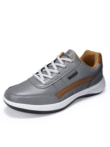 2024 新款青年跑鞋，混合皮革鞋面，时尚纯色，平底简约滑板风格，适合上学、户外、休闲、通勤、散步、网球运动鞋，适合男士 - 灰色 - 查看 7