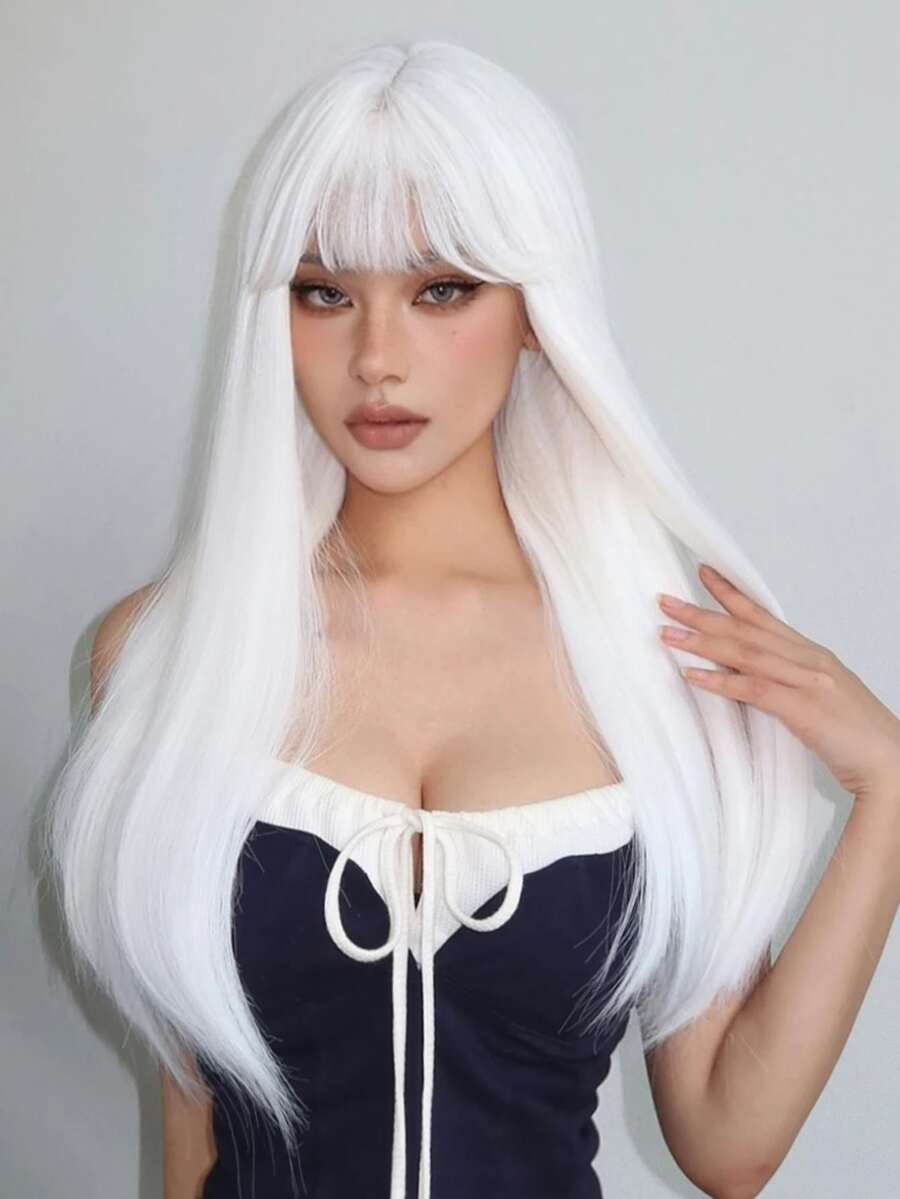 Long Straight Synthetic White Wig With Bangs For Women Wigs Party Cosplay Wear Wigs Heat Resistant Wigs 26inch