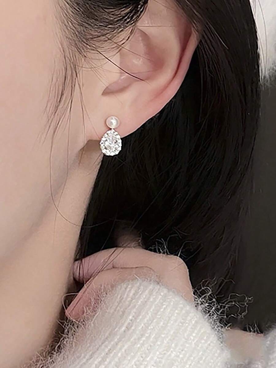 BALMORA 1對簡約風格S925銀鍍金珍珠耳釘，優雅鋯石，高端設計耳飾