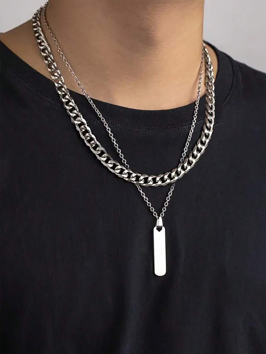 1pc Double Layered Geometric Oval Tag Pendant Men'S Fashion Necklace - Silver - View 1