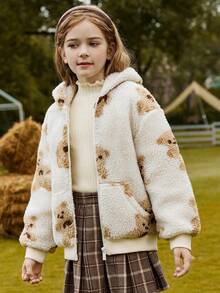 Tween Girls' Thickened Plush Casual Hooded Jacket With Bear Pattern For Warmth - Beige - View 8