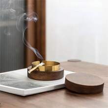 1pc Walnut Wood Covered Stainless Steel Inner Ashtray, High-End Car Ashtray, Office Ashtray, Home Ashtray - Multicolor - View 5