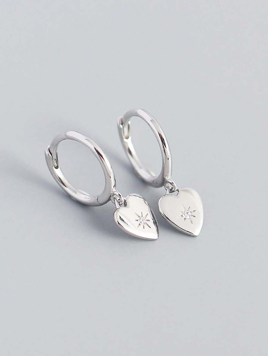 1對女士S925銀心形耳環帶八角星和套裝水鑽設計耳朵扣耳釘