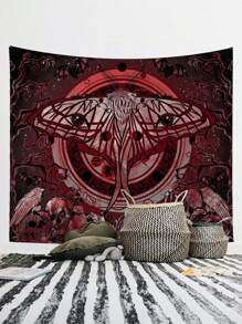 紅色哥德風格蝙蝠和骷髏設計天鵝絨織錦掛毯,適合美學房間裝飾,客廳,臥室,宿舍 - 暗黑哥德式蛾 - 查看 1