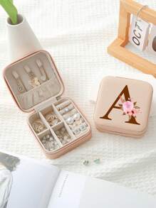1入組A-Z字母印花粉色珠寶收納盒，戒指收納盒，項鍊收納盒，耳環收納盒，女士首飾收納盒，聖誕節禮物，生日禮物，給媽媽、伴娘、朋友的禮物