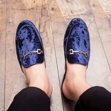 男士闭趾穆勒拖鞋，度假风，时尚休闲，天鹅绒和金属搭扣装饰，透气舒适，街头时尚凉鞋 - 藍色 - 查看 6