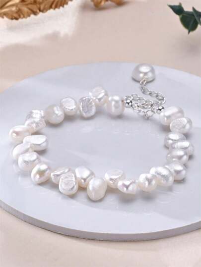 1pc 925 Sterling Silver Delicate Asymmetrical Faux Pearl Bracelet, Perfect For Friend's Wedding Gift Wedding Jewelry Bridal Jewelry Holiday