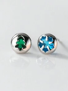1pair Exquisite 925 Sterling Silver Christmas Tree Snowflake Shape Colorful Rhinestone Stud Earrings, Unisex Gift For Friends - YW1057 - View 1
