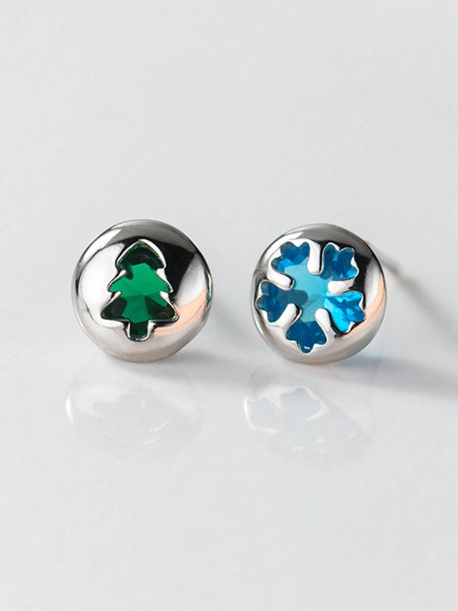 1pair Exquisite 925 Sterling Silver Christmas Tree Snowflake Shape Colorful Rhinestone Stud Earrings, Unisex Gift For Friends - YW1057 - View 1