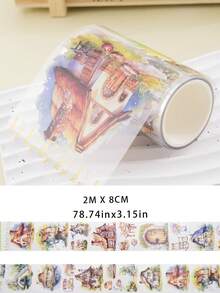 1pc Pet Material Decorative Tape Sticker With Glossy Surface And 8cm/3.15in Width, Creative Style With Life House Pattern For Journal Decoration - Pink - View 3