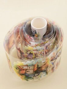 1pc Pet Material Decorative Tape Sticker With Glossy Surface And 8cm/3.15in Width, Creative Style With Life House Pattern For Journal Decoration - Pink - View 6