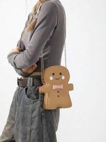 2023 新款alien包,可愛卡通薑餅人肩包,斜跨包,純色pu防水布料,輕盈便攜,適用於校園使用 - 卡其色 - 查看 3