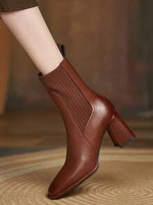 Của phụ nữ Giày cao gót dày Giày ống 2023 Mới Mùa thu Mùa Đông Da mềm Bốt bít tất Đàn hồi Ở giữa Ống Gầy Mắt cá chân Giày ống Ngắn - màu nâu - Xem 4