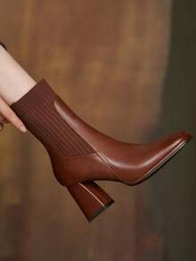 Của phụ nữ Giày cao gót dày Giày ống 2023 Mới Mùa thu Mùa Đông Da mềm Bốt bít tất Đàn hồi Ở giữa Ống Gầy Mắt cá chân Giày ống Ngắn - màu nâu - Xem 2