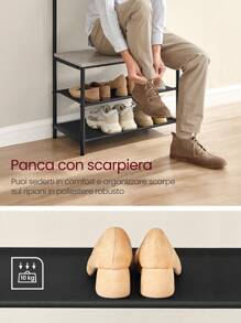 VASAGLE Appendiabiti da Ingresso con Panca Scarpiera, Attaccapanni con 9 Ganci Rimovibili e Barra Appendiabiti, 32,2 x 64 x 180 cm, Camera da Letto, Industriale, Greige e Nero