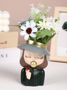 1入家居裝飾飾品,可愛女孩造型植物盆栽,適用於室外、花園裝飾,創意藝術手工藝桌面裝飾 - 彩色 - 查看 1