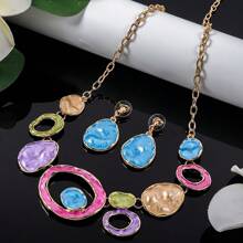 1套2入組復古彩色搪瓷幾何橢圓形中空鋅合金珠寶套裝,包括項鍊和耳環,適合女性,適用於復古派對 - 幾何 - 查看 11