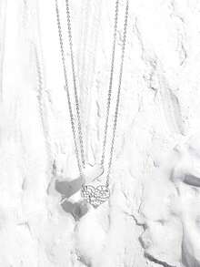 1入時尚優雅的s925純銀雙心疊疊項鍊,適用於情人節、母親節、生日、派對、宴會及禮物 - 銀色雙心 - 查看 4