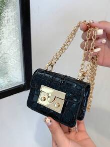 Bolso De Hombro Y Bandolera Minimalista Con Correa De Cadena Mini Y Patrón De Cocodrilo - Negro - Ver 5
