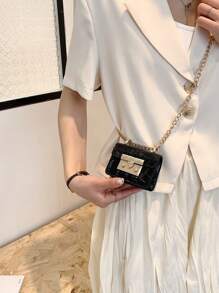 Bolso De Hombro Y Bandolera Minimalista Con Correa De Cadena Mini Y Patrón De Cocodrilo - Negro - Ver 3