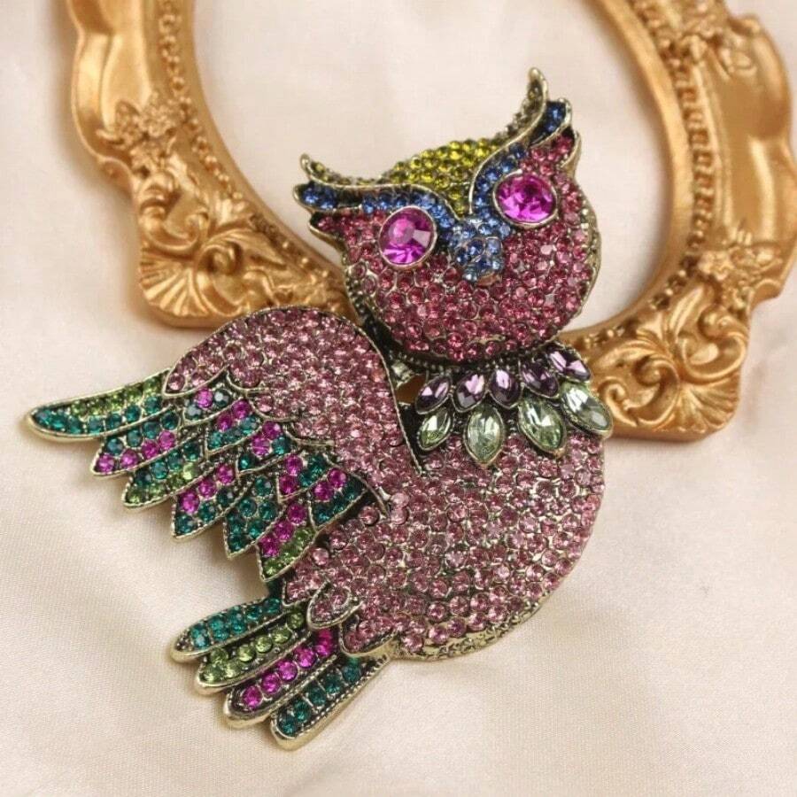 復古宮廷風格經典男女通用貓頭鷹水晶重工業胸針和巴洛克動物設計水鑽徽章適合連身裙、配件、珠寶禮品 - 粉色 - 查看 1