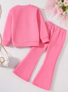 女童花卉及字母印花圓領衫和喇叭褲套裝 - 粉色 - 查看 2