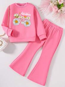 女童花卉及字母印花圓領衫和喇叭褲套裝 - 粉色 - 查看 1