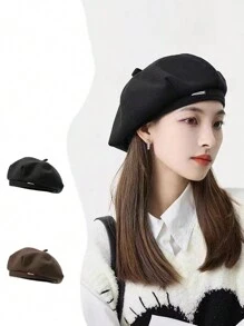 1pc黑色貝雷帽秋冬新款日系小臉毛線八角帽子畫家帽大頭戴復古文藝貝雷帽韓版學院風畫家帽毛線潮 - 彩色 - 查看 1