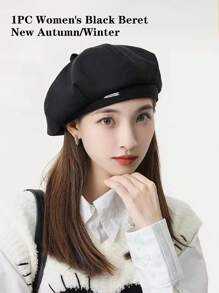 1pc黑色貝雷帽秋冬新款日系小臉毛線八角帽子畫家帽大頭戴復古文藝貝雷帽韓版學院風畫家帽毛線潮 - 彩色 - 查看 3