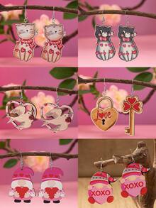 1對情人節可愛的矮人心形xo,貓,心形鎖匙形耳環女士 - 彩色 - 查看 1