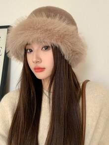 1頂時尚女帽，純色草原風格白色盆帽，冬季戶外保暖耳朵加厚布襯桶帽，適合日常佩戴 - 白色 - 查看 9