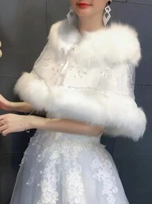 1 件白色婚礼披肩，带网纱和装饰，优雅新娘斗篷，适合婚礼、宴会、派对伴娘秋季服装，女士 - 白色 - 查看 2