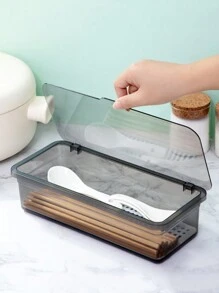 Cutlery Storage Tray Holder Tableware Organizer Spoon Fork Storage Box Plastic Container Cutlery Rack With Lid And Drainer Makeup Brush Storages Box - Grey - View 2