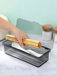 Cutlery Storage Tray Holder Tableware Organizer Spoon Fork Storage Box Plastic Container Cutlery Rack With Lid And Drainer Makeup Brush Storages Box - Grey - View 5