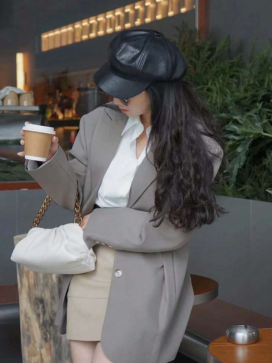 1pc Unisex Solid Color Leather Beret Hat For Spring, Autumn And Winter - Black - View 1