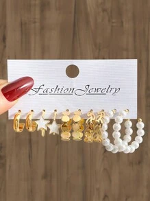 10入組復古優雅金屬白色滴膠海星珍珠c形耳環,女性款 - 金黃色 - 查看 1