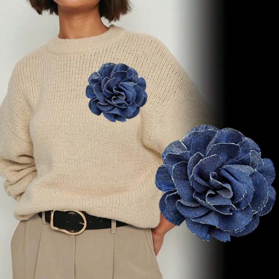 Handmade Camellia Brooch Flower Multilayer Denim Flower Fabric Headdress Brooches Accessories Decoration Valentines,Mom,Mother,Mother's Day,Gift - Flower - View 1