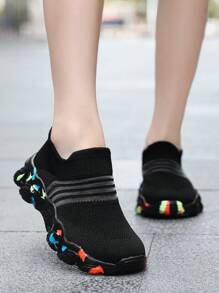 男女儿童迷彩一脚蹬女童休闲针织透气平底舒适运动鞋 - 黑色 - 查看 3