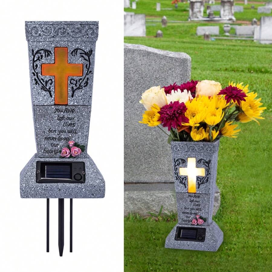 Solar Cemetery Grave Vase With LED For Fresh/Artificial Flowers Headstones Vases With Spikes Gravestone Decor Memorial Gifts For Loss Of Loved One - Kẻ ô vuông - Xem 1